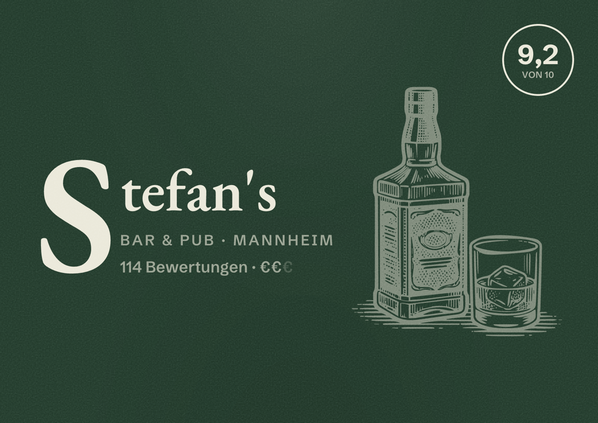 Illustriertes Poster von Stefan's, Bar & Pub in Mannheim: Bewertung 9,2 von 10 aus 114 Bewertungen, Preisniveau €€
