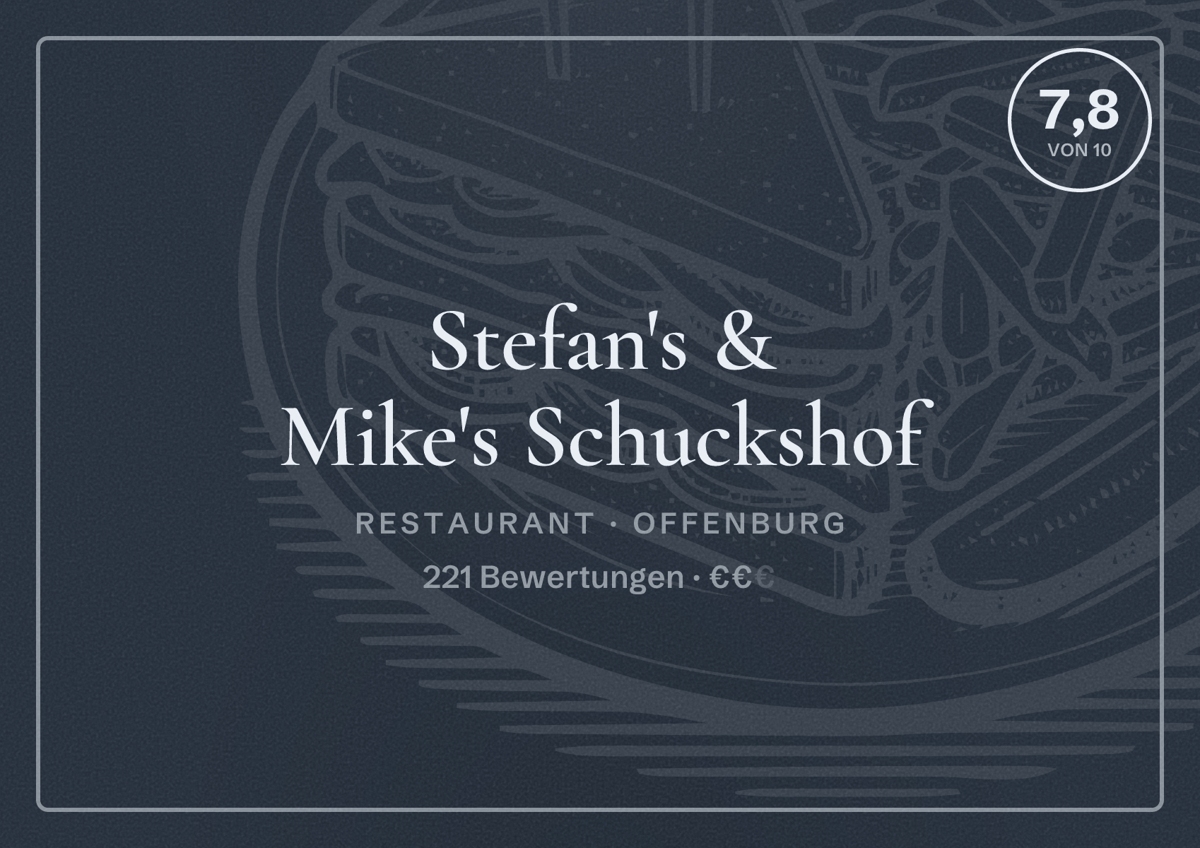 Illustriertes Poster von Stefan's & Mike's Schuckshof, Restaurant in Offenburg: Bewertung 7,8 von 10 aus 221 Bewertungen, Preisniveau €€