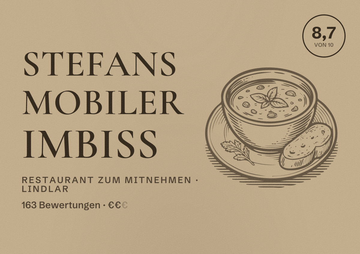 Illustriertes Poster von Stefans mobiler Imbiss, Restaurant zum Mitnehmen in Lindlar: Bewertung 8,7 von 10 aus 163 Bewertungen, Preisniveau €€