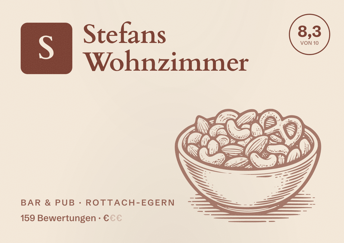 Illustriertes Poster von Stefans Wohnzimmer, Bar & Pub in Rottach-Egern: Bewertung 8,3 von 10 aus 159 Bewertungen, Preisniveau €