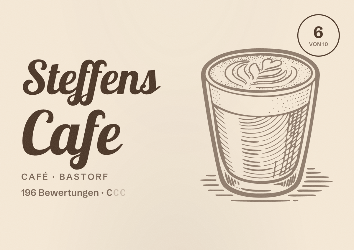 Illustriertes Poster von Steffens Cafe, Café in Bastorf: Bewertung 6 von 10 aus 196 Bewertungen, Preisniveau €