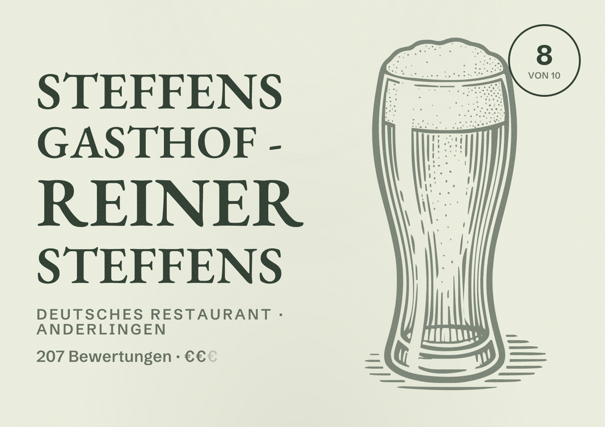 Illustriertes Poster von Steffens Gasthof - Reiner Steffens, Deutsches Restaurant in Anderlingen: Bewertung 8 von 10 aus 207 Bewertungen, Preisniveau €€