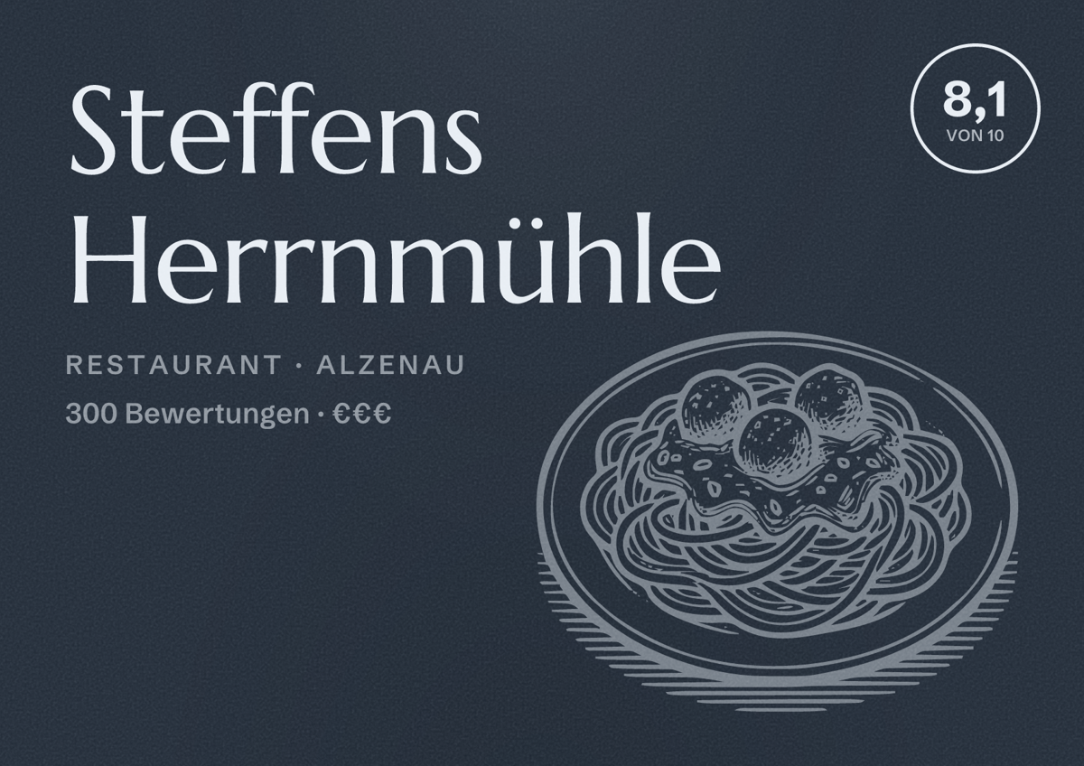 Illustriertes Poster von Steffens Herrnmühle, Restaurant in Alzenau: Bewertung 8,1 von 10 aus 300 Bewertungen, Preisniveau €€€