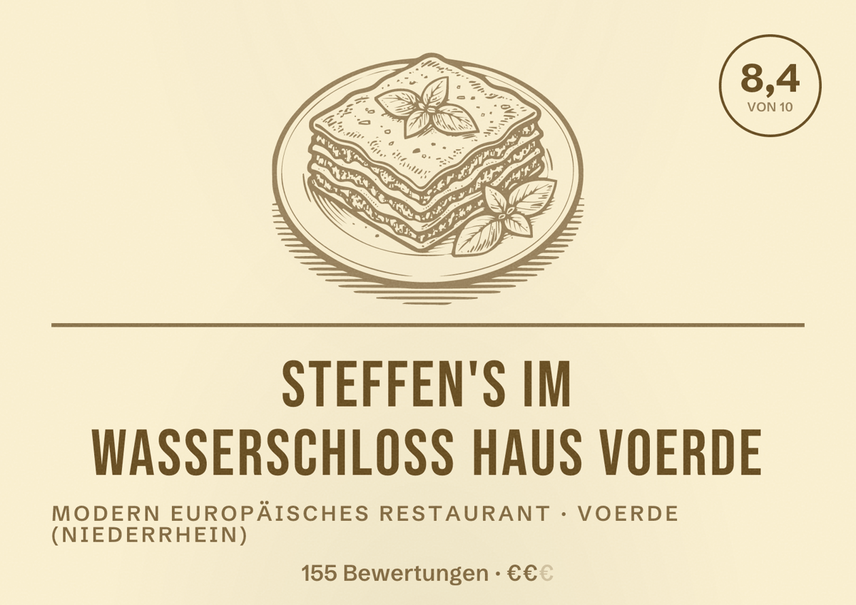 Illustriertes Poster von Steffen's im Wasserschloss Haus Voerde, Modern europäisches Restaurant in Voerde (Niederrhein): Bewertung 8,4 von 10 aus 155 Bewertungen, Preisniveau €€