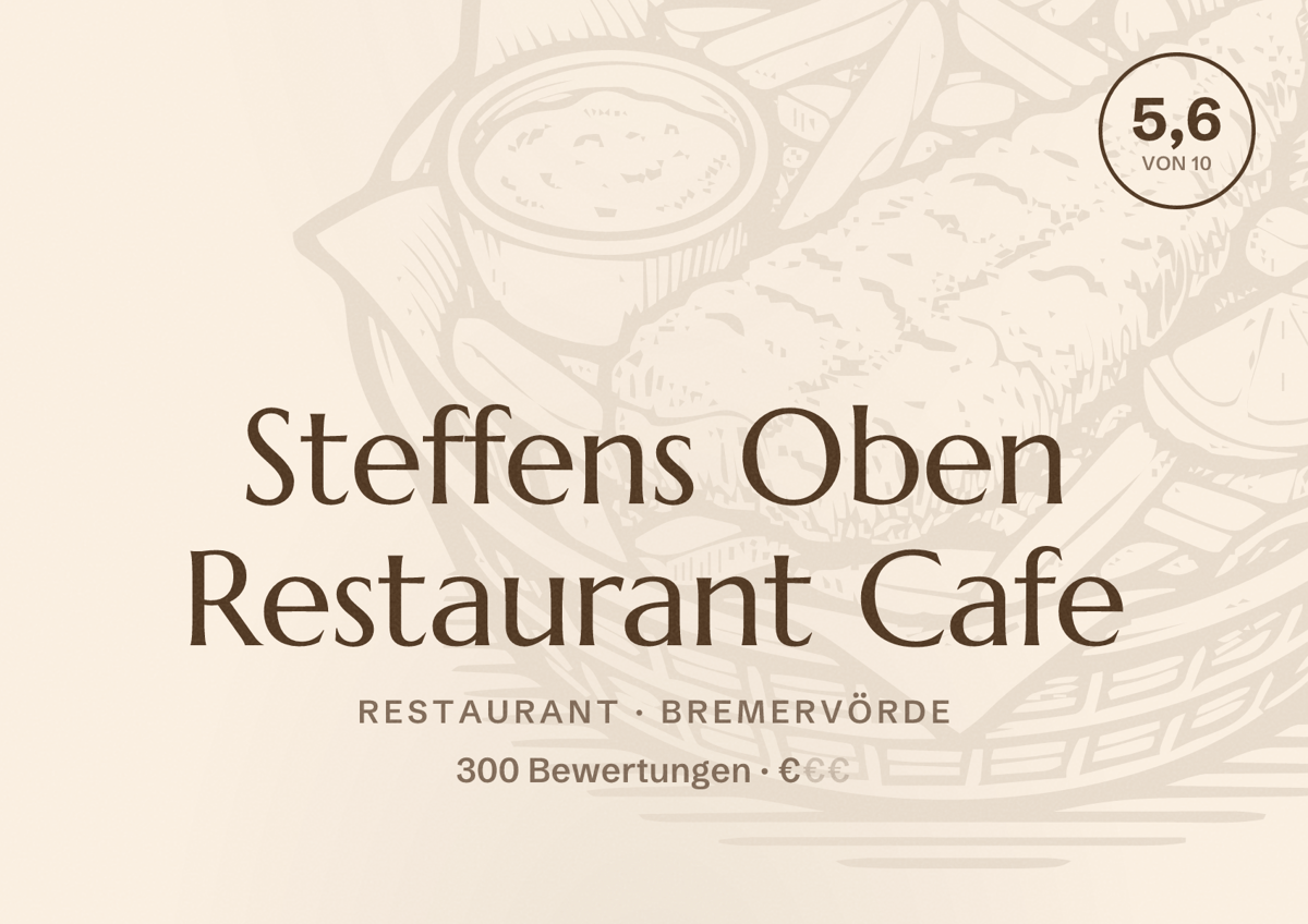 Illustriertes Poster von Steffens Oben Restaurant Cafe, Restaurant in Bremervörde: Bewertung 5,6 von 10 aus 300 Bewertungen, Preisniveau €