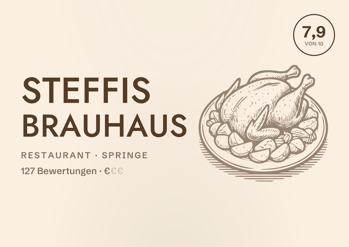 Illustriertes Poster von Steffis Brauhaus, Restaurant in Springe: Bewertung 7,9 von 10 aus 127 Bewertungen, Preisniveau €