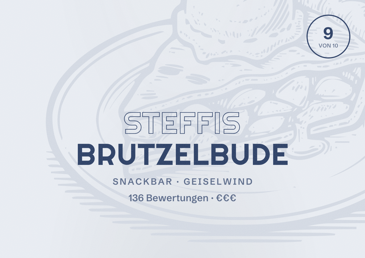 Illustriertes Poster von Steffis Brutzelbude, Snackbar in Geiselwind: Bewertung 9 von 10 aus 136 Bewertungen, Preisniveau €€€