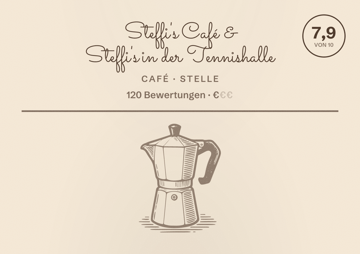 Illustriertes Poster von Steffi's Café & Steffi's in der Tennishalle, Café in Stelle: Bewertung 7,9 von 10 aus 120 Bewertungen, Preisniveau €