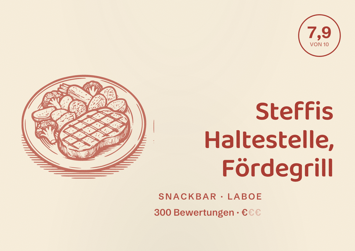 Illustriertes Poster von Steffis Haltestelle, Fördegrill, Snackbar in Laboe: Bewertung 7,9 von 10 aus 300 Bewertungen, Preisniveau €
