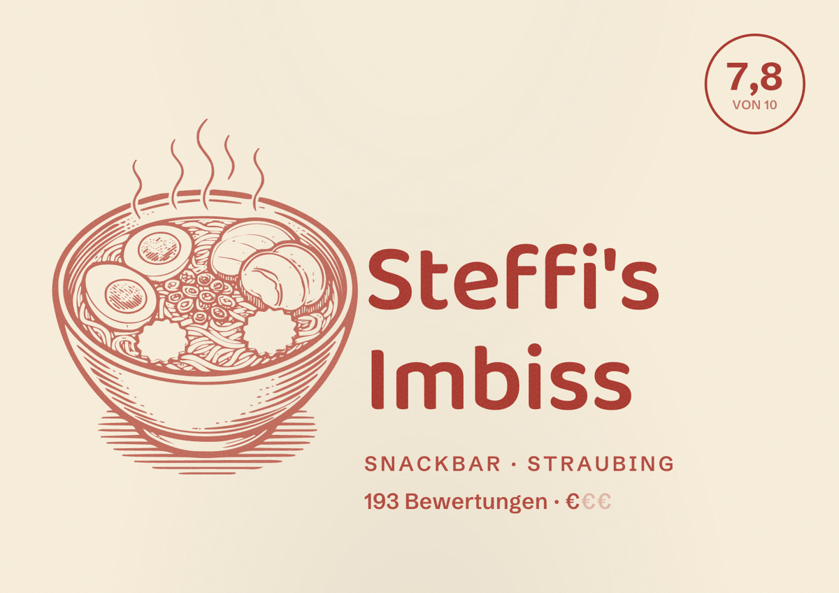 Illustriertes Poster von Steffi's Imbiss, Snackbar in Straubing: Bewertung 7,8 von 10 aus 193 Bewertungen, Preisniveau €