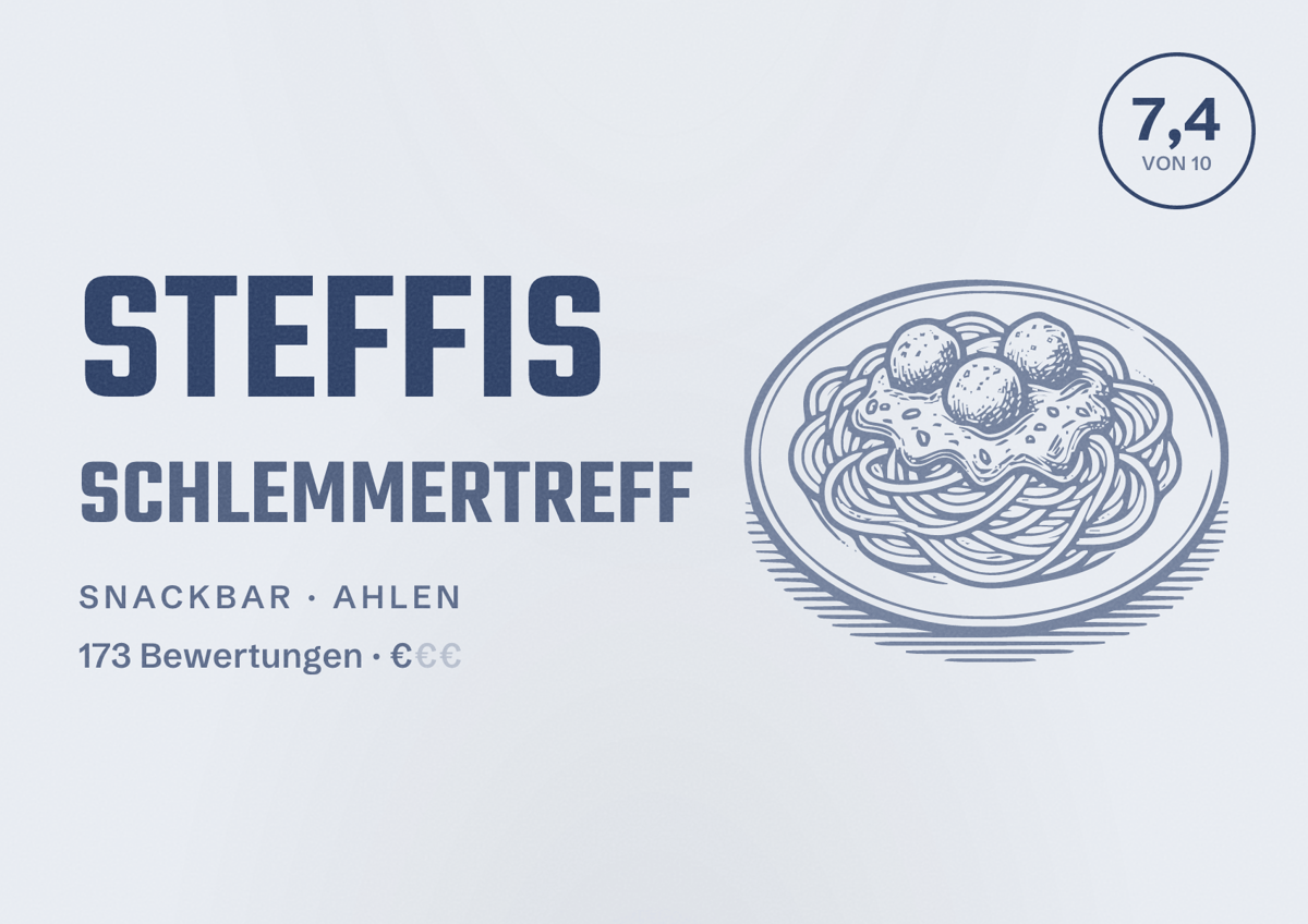 Illustriertes Poster von Steffis Schlemmertreff, Snackbar in Ahlen: Bewertung 7,4 von 10 aus 173 Bewertungen, Preisniveau €