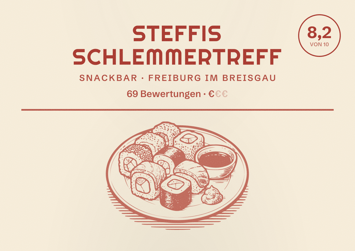 Illustriertes Poster von Steffis Schlemmertreff, Snackbar in Freiburg im Breisgau: Bewertung 8,2 von 10 aus 69 Bewertungen, Preisniveau €