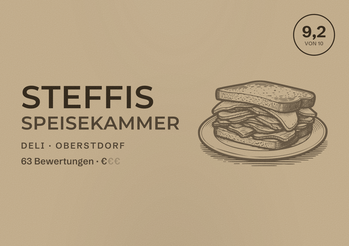 Illustriertes Poster von Steffis Speisekammer, Deli in Oberstdorf: Bewertung 9,2 von 10 aus 63 Bewertungen, Preisniveau €
