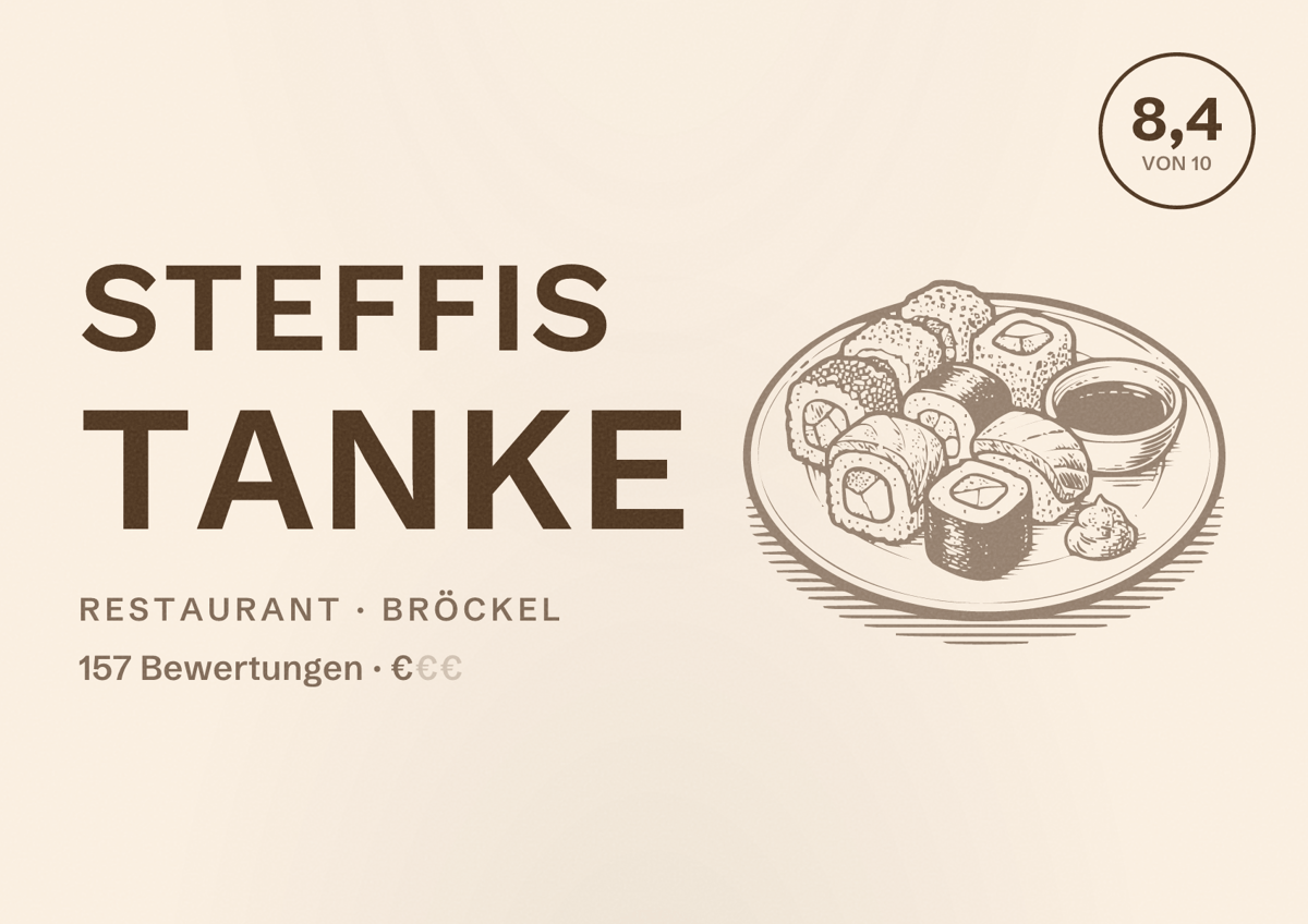 Illustriertes Poster von Steffis Tanke, Restaurant in Bröckel: Bewertung 8,4 von 10 aus 157 Bewertungen, Preisniveau €