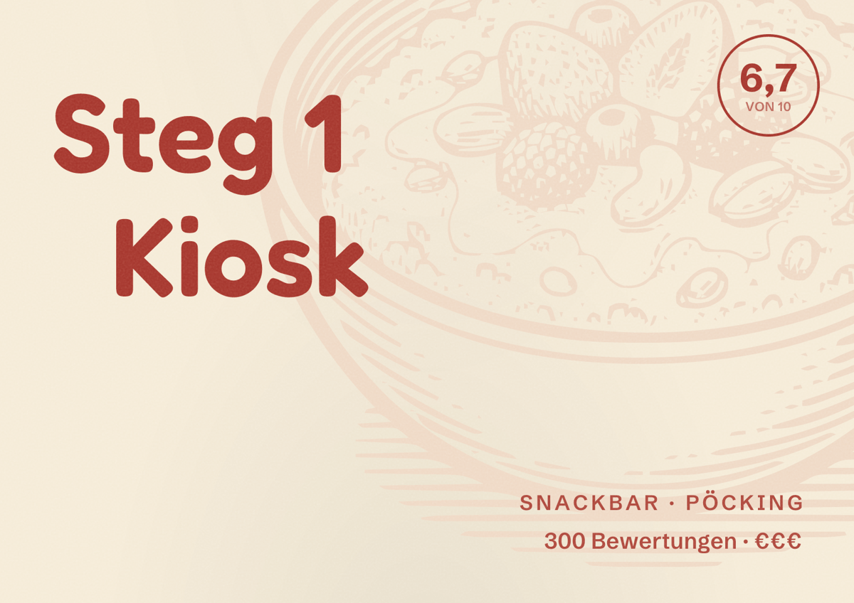 Illustriertes Poster von Steg 1 Kiosk, Snackbar in Pöcking: Bewertung 6,7 von 10 aus 300 Bewertungen, Preisniveau €€€