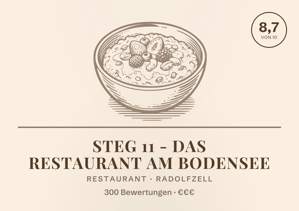 Illustriertes Poster von Steg 11 - Das Restaurant am Bodensee, Restaurant in Radolfzell: Bewertung 8,7 von 10 aus 300 Bewertungen, Preisniveau €€€