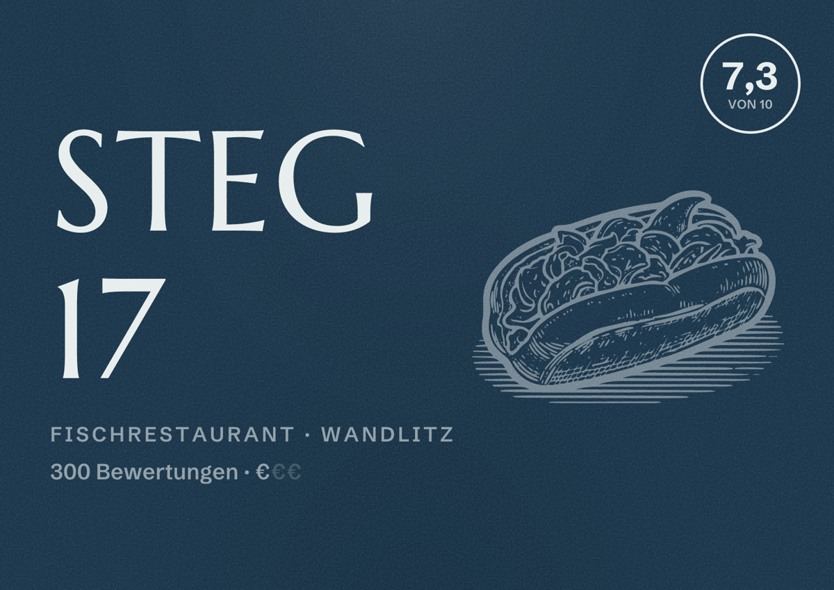 Illustriertes Poster von Steg 17, Fischrestaurant in Wandlitz: Bewertung 7,3 von 10 aus 300 Bewertungen, Preisniveau €