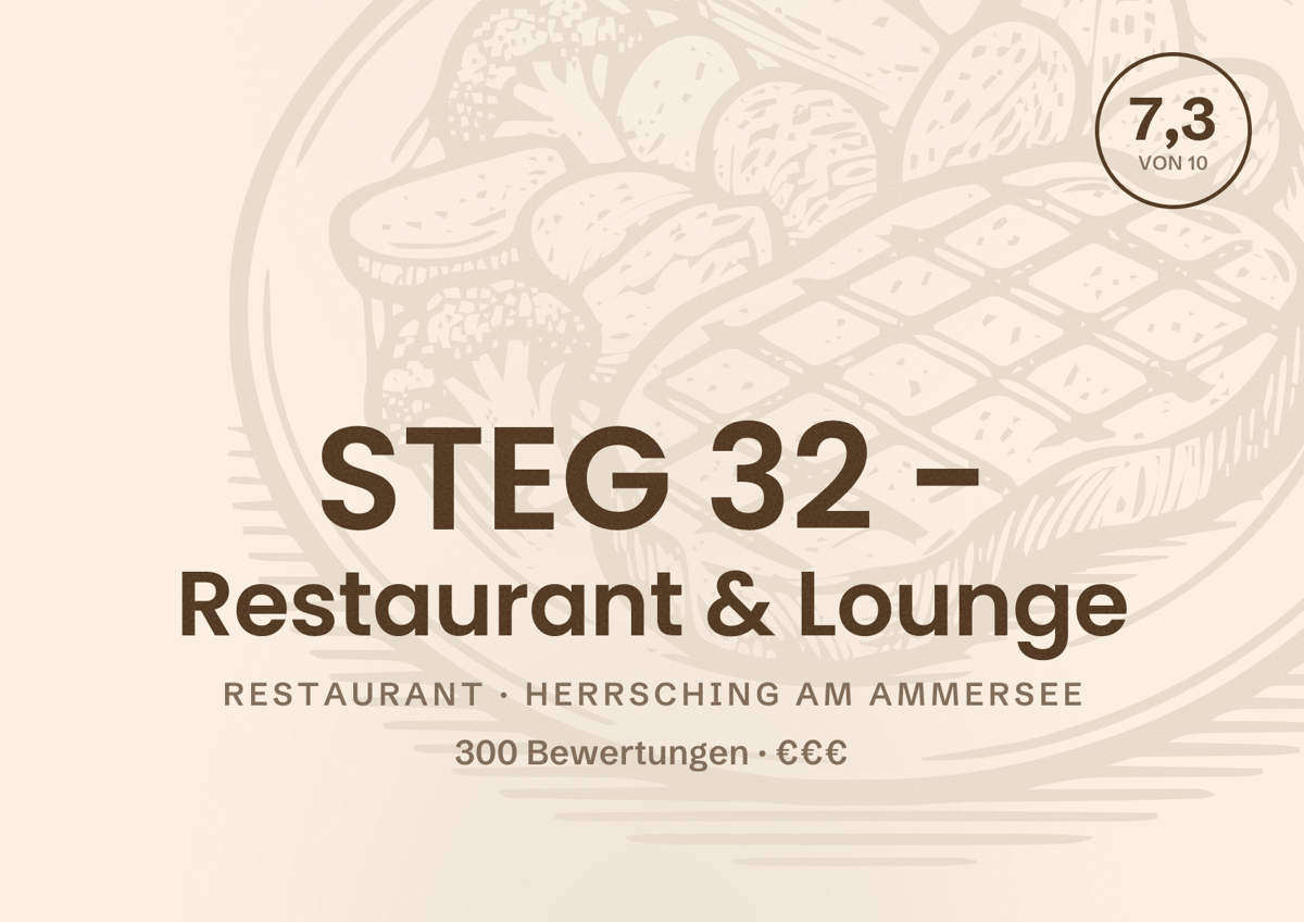 Illustriertes Poster von STEG 32 - Restaurant & Lounge, Restaurant in Herrsching am Ammersee: Bewertung 7,3 von 10 aus 300 Bewertungen, Preisniveau €€€
