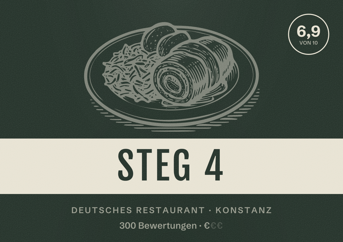 Illustriertes Poster von Steg 4, Deutsches Restaurant in Konstanz: Bewertung 6,9 von 10 aus 300 Bewertungen, Preisniveau €