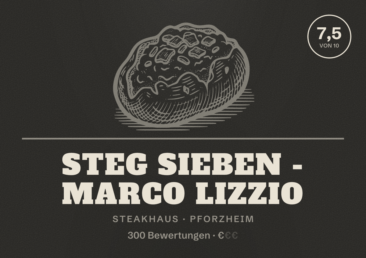 Illustriertes Poster von STEG SIEBEN - Marco Lizzio, Steakhaus in Pforzheim: Bewertung 7,5 von 10 aus 300 Bewertungen, Preisniveau €