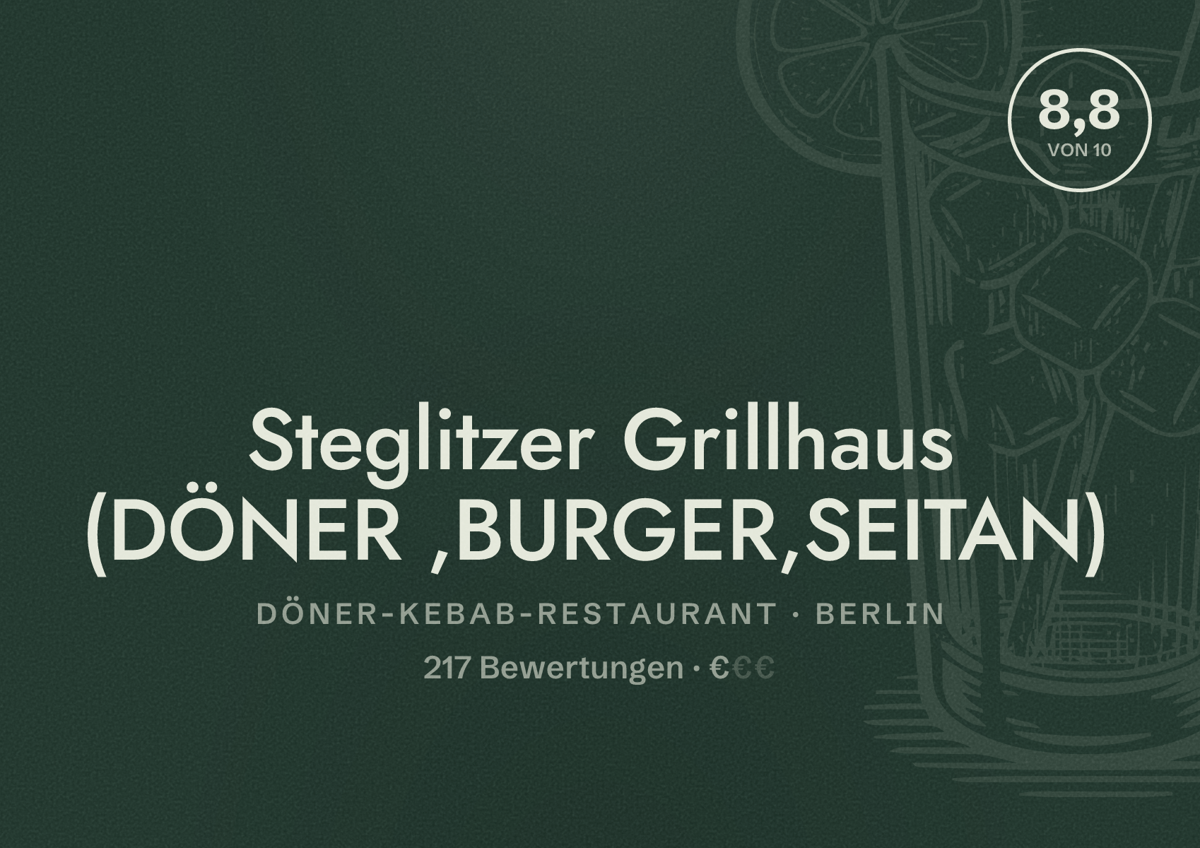 Illustriertes Poster von Steglitzer Grillhaus (DÖNER ,BURGER,SEITAN), Döner-Kebab-Restaurant in Berlin: Bewertung 8,8 von 10 aus 217 Bewertungen, Preisniveau €