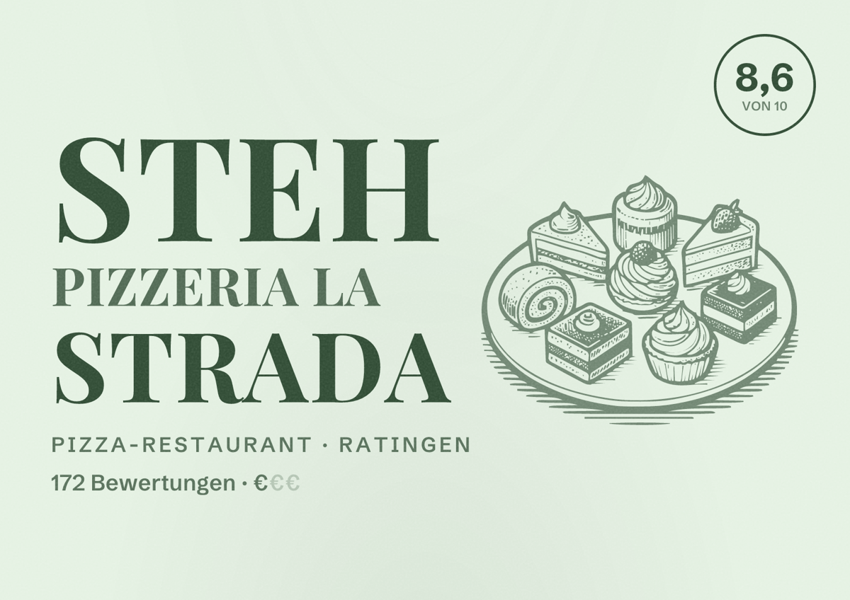 Illustriertes Poster von Steh Pizzeria La Strada, Pizza-Restaurant in Ratingen: Bewertung 8,6 von 10 aus 172 Bewertungen, Preisniveau €