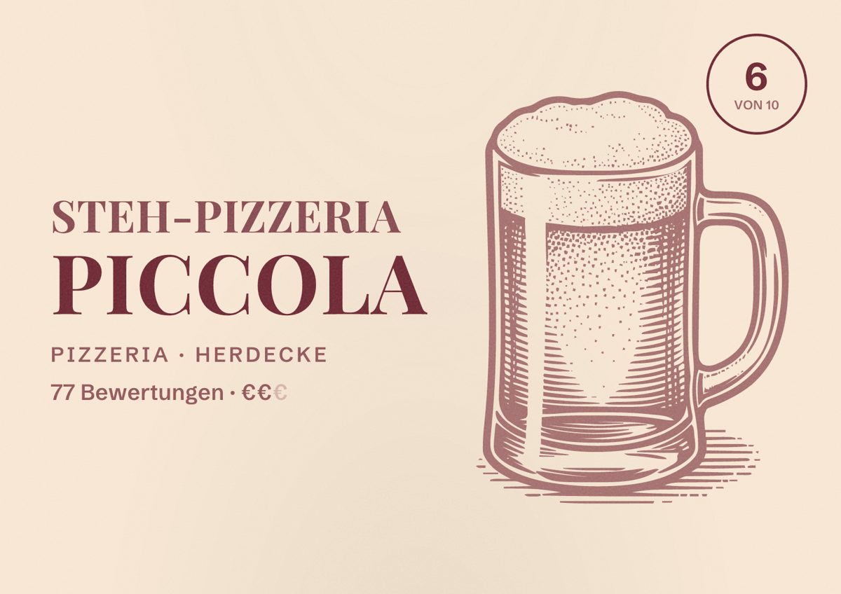 Illustriertes Poster von Steh-Pizzeria Piccola, Pizzeria in Herdecke: Bewertung 6 von 10 aus 77 Bewertungen, Preisniveau €€