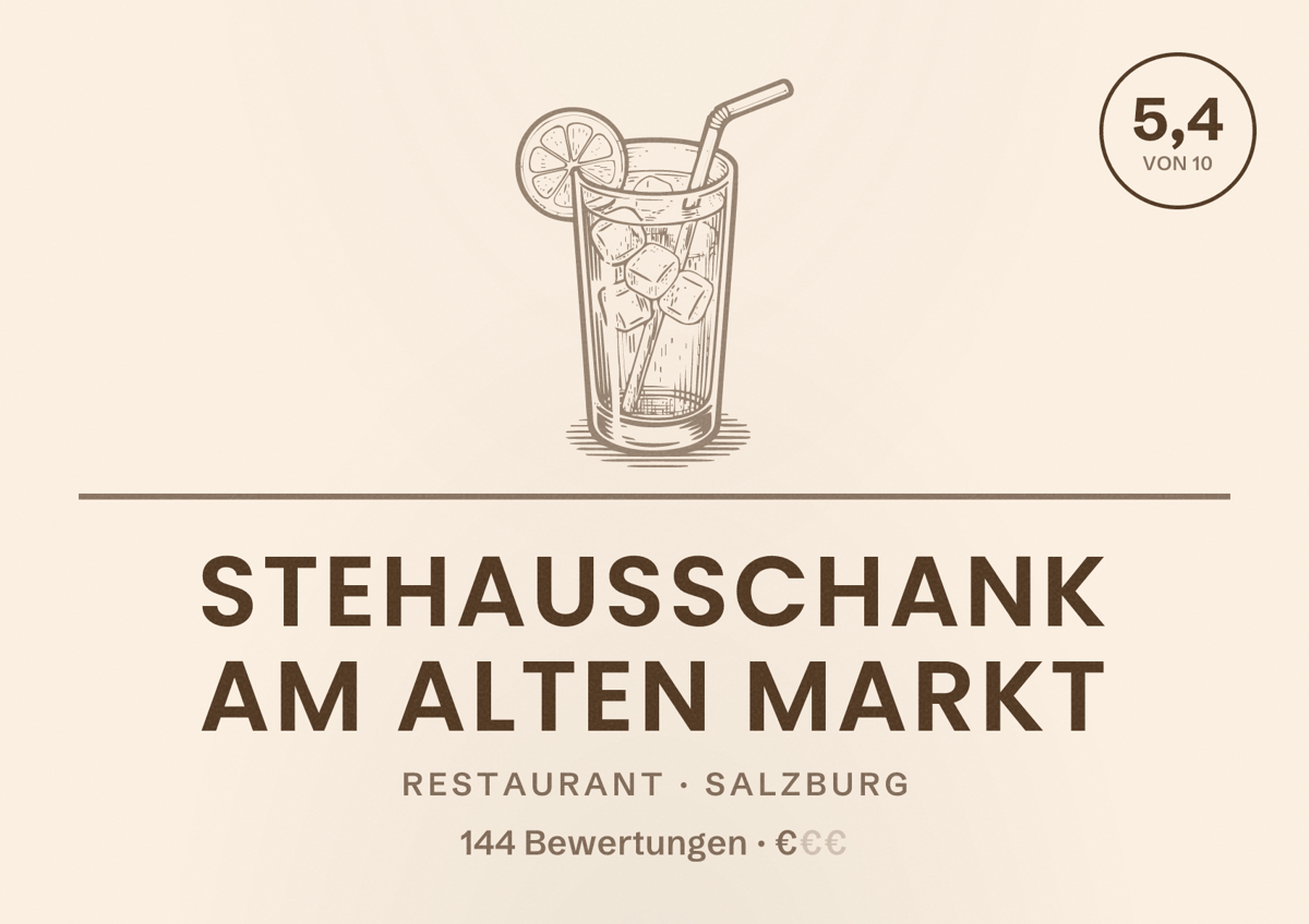 Illustriertes Poster von Stehausschank am Alten Markt, Restaurant in Salzburg: Bewertung 5,4 von 10 aus 144 Bewertungen, Preisniveau €