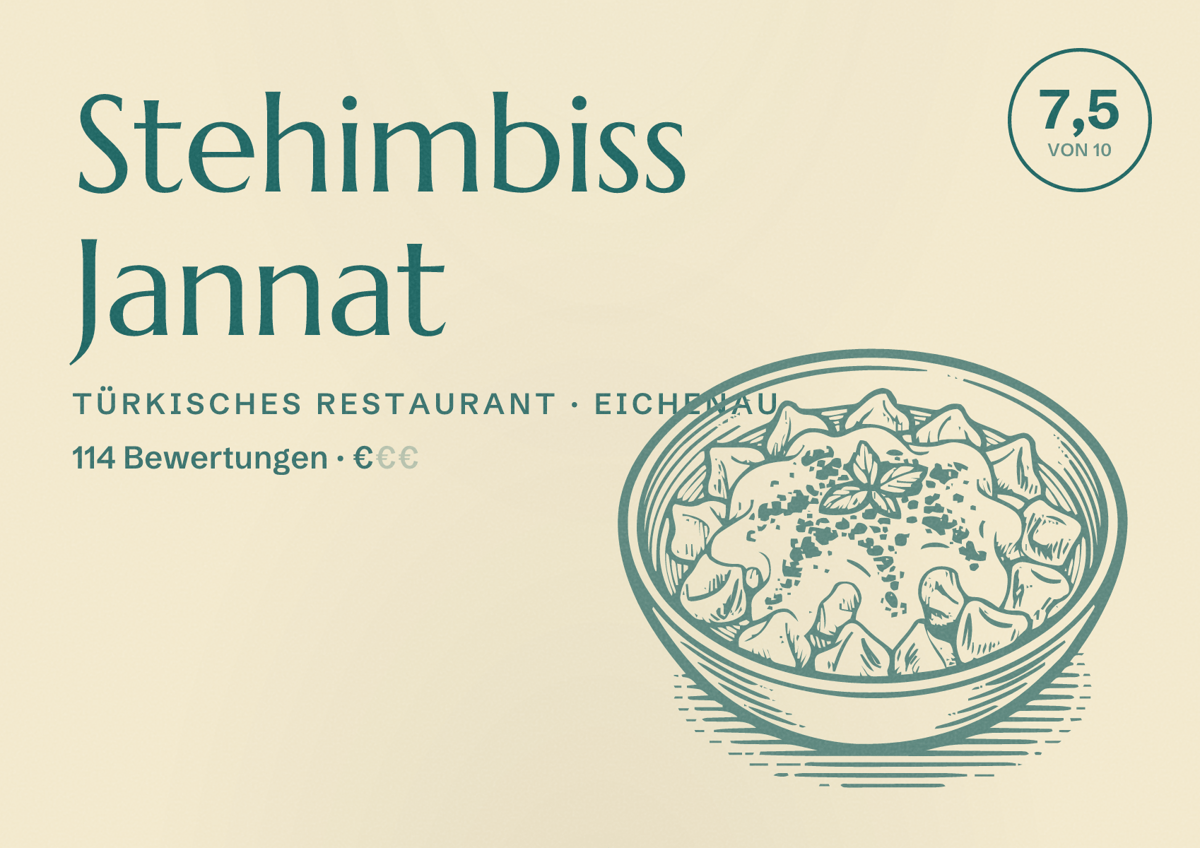 Illustriertes Poster von Stehimbiss Jannat, Türkisches Restaurant in Eichenau: Bewertung 7,5 von 10 aus 114 Bewertungen, Preisniveau €