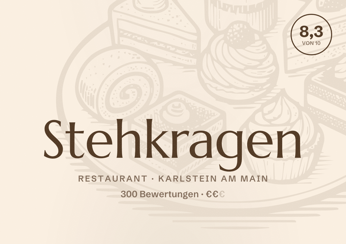 Illustriertes Poster von Stehkragen, Restaurant in Karlstein am Main: Bewertung 8,3 von 10 aus 300 Bewertungen, Preisniveau €€