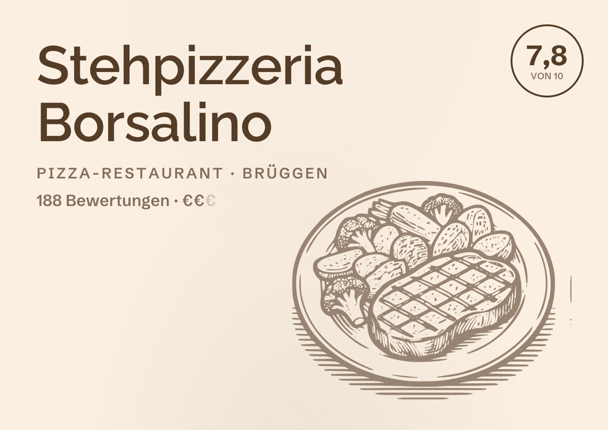 Illustriertes Poster von Stehpizzeria Borsalino, Pizza-Restaurant in Brüggen: Bewertung 7,8 von 10 aus 188 Bewertungen, Preisniveau €€