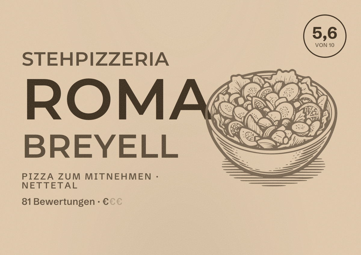 Illustriertes Poster von Stehpizzeria Roma Breyell, Pizza zum Mitnehmen in Nettetal: Bewertung 5,6 von 10 aus 81 Bewertungen, Preisniveau €