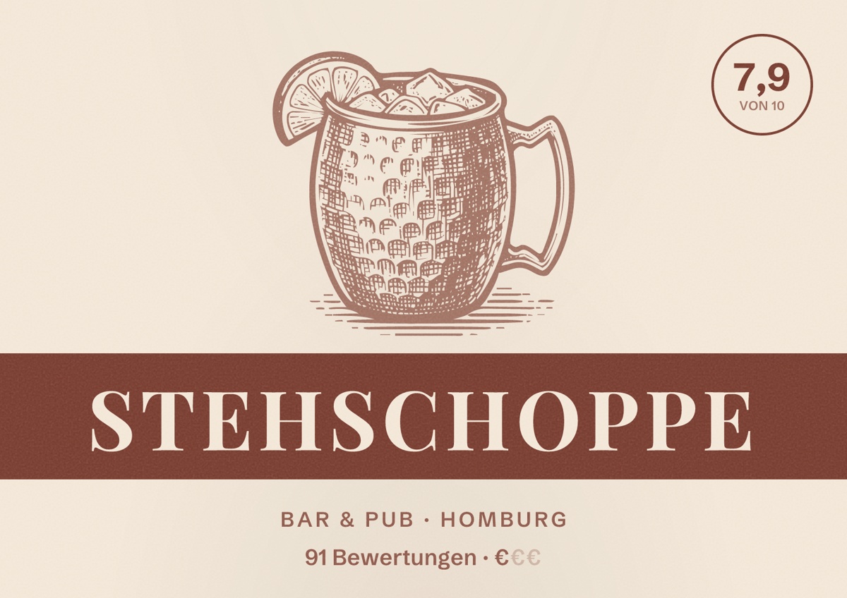 Illustriertes Poster von Stehschoppe, Bar & Pub in Homburg: Bewertung 7,9 von 10 aus 91 Bewertungen, Preisniveau €