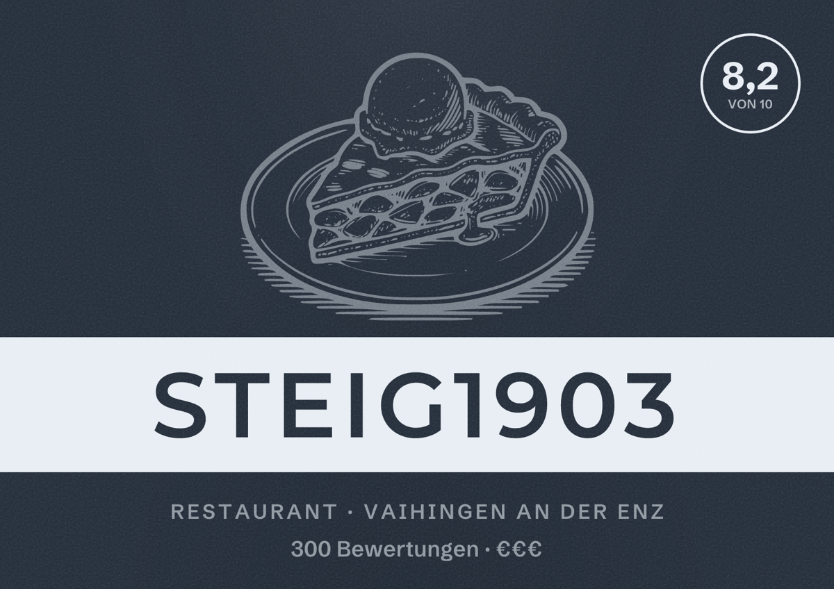 Illustriertes Poster von Steig1903, Restaurant in Vaihingen an der Enz: Bewertung 8,2 von 10 aus 300 Bewertungen, Preisniveau €€€