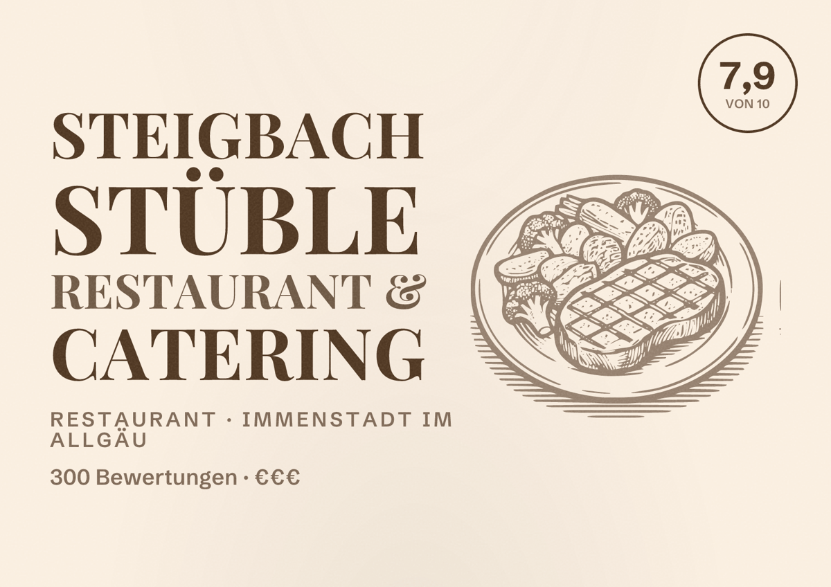 Illustriertes Poster von Steigbach Stüble Restaurant & Catering, Restaurant in Immenstadt im Allgäu: Bewertung 7,9 von 10 aus 300 Bewertungen, Preisniveau €€€