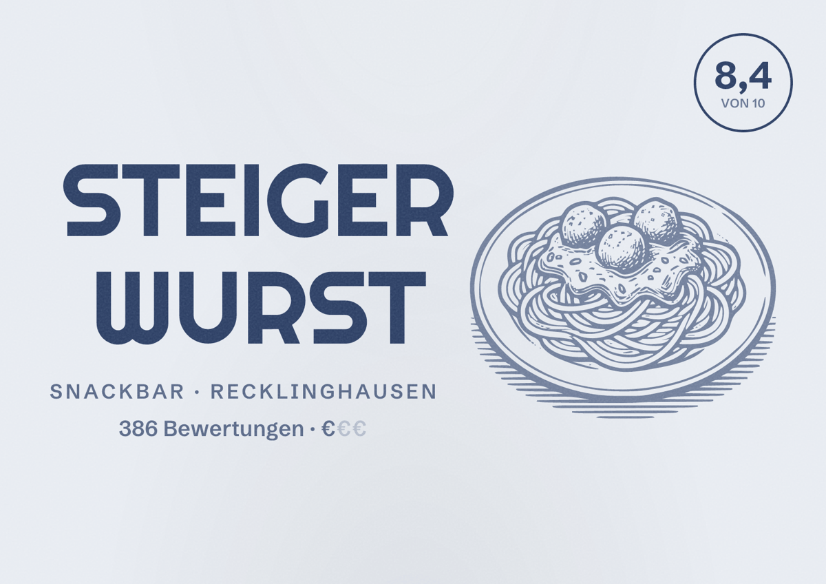 Illustriertes Poster von STEIGER WURST, Snackbar in Recklinghausen: Gästebewertung 8,4 von 10 aus 386 Bewertungen