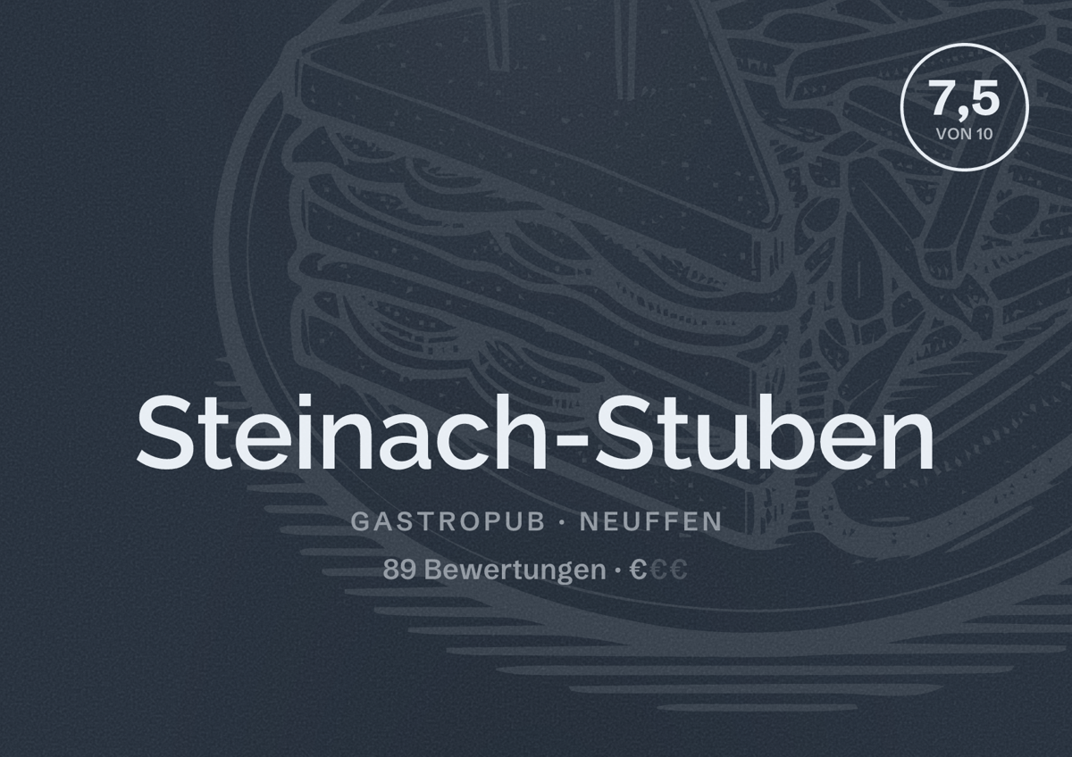 Illustriertes Poster von Steinach-Stuben, Gastropub in Neuffen: Bewertung 7,5 von 10 aus 89 Bewertungen, Preisniveau €