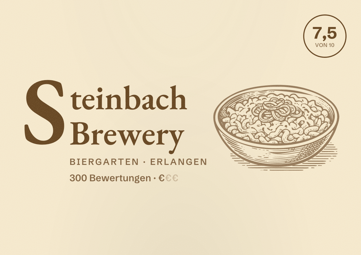 Illustriertes Poster von Steinbach Brewery, Biergarten in Erlangen: Bewertung 7,5 von 10 aus 300 Bewertungen, Preisniveau €