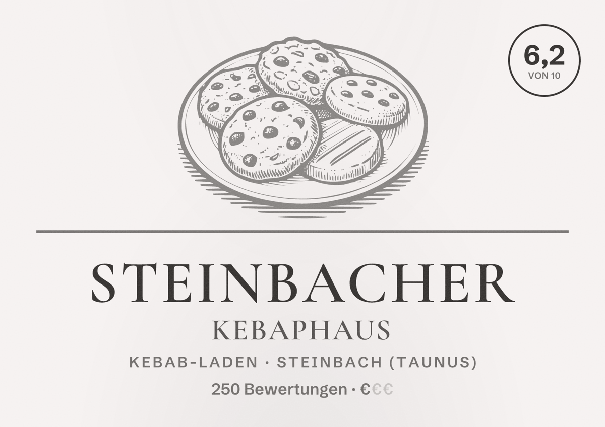 Illustriertes Poster von Steinbacher Kebaphaus, Kebab-Laden in Steinbach (Taunus): Bewertung 6,2 von 10 aus 250 Bewertungen, Preisniveau €