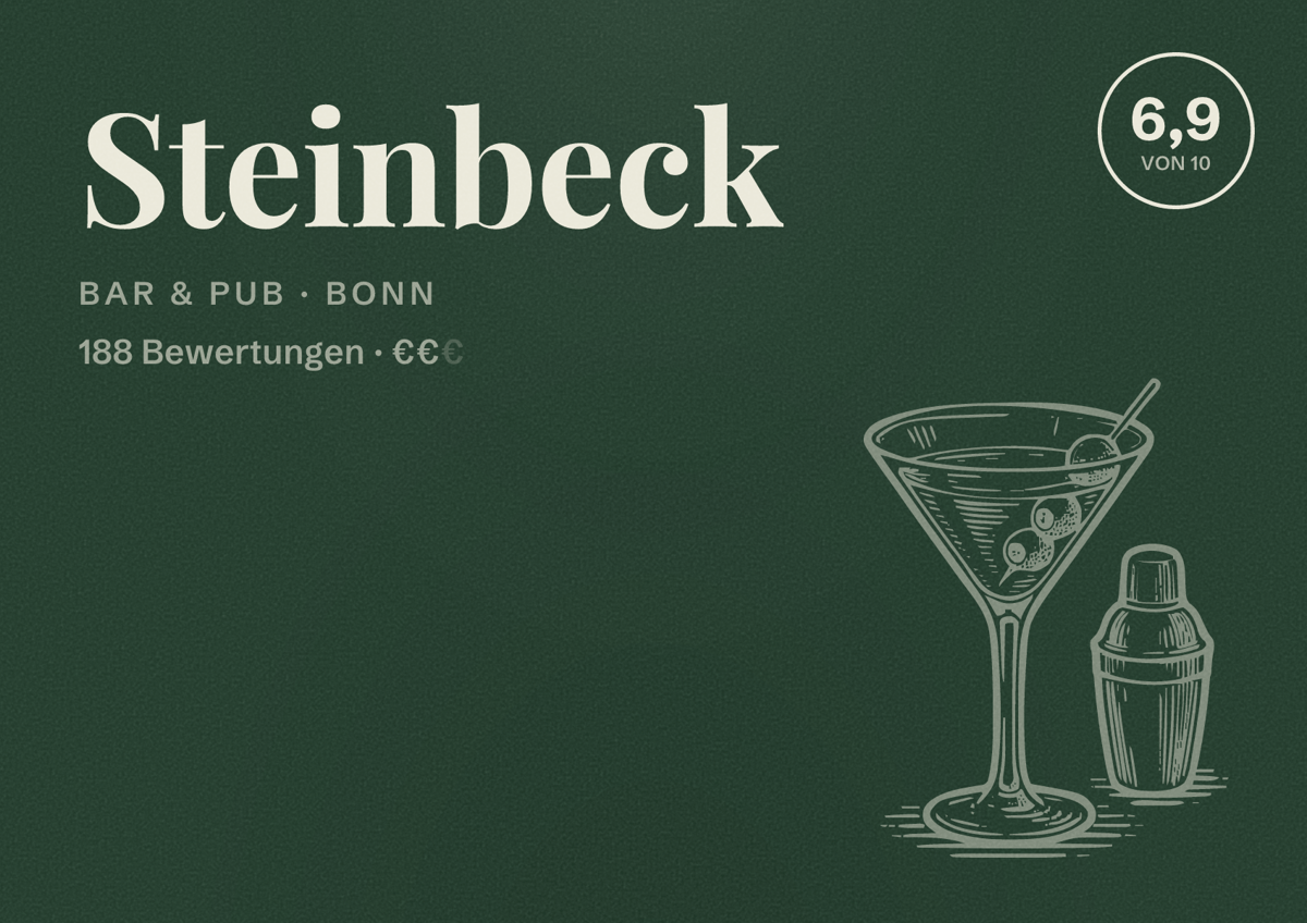 Illustriertes Poster von Steinbeck, Bar & Pub in Bonn: Bewertung 6,9 von 10 aus 134 Bewertungen, Preisniveau €