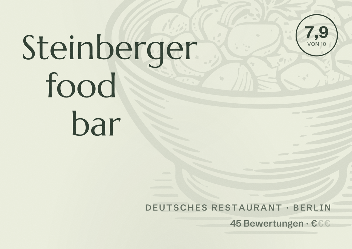 Illustriertes Poster von Steinberger food bar, Deutsches Restaurant in Berlin: Bewertung 7,9 von 10 aus 45 Bewertungen, Preisniveau €