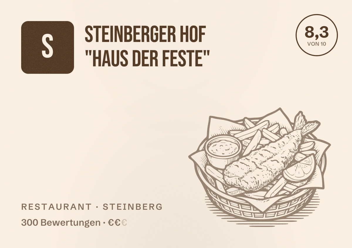 Illustriertes Poster von Steinberger Hof "Haus der Feste", Restaurant in Steinberg: Bewertung 8,3 von 10 aus 300 Bewertungen, Preisniveau €€