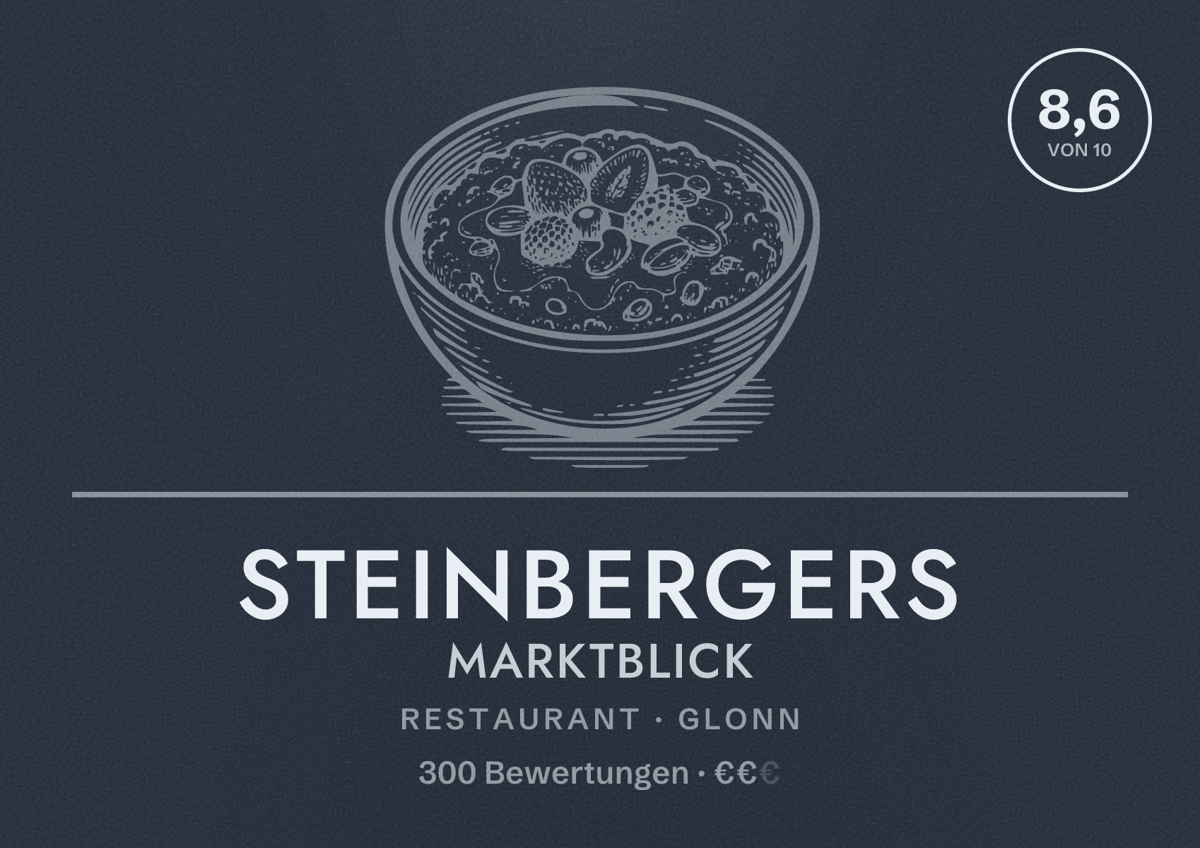 Illustriertes Poster von Steinbergers Marktblick, Restaurant in Glonn: Bewertung 8,6 von 10 aus 300 Bewertungen, Preisniveau €€