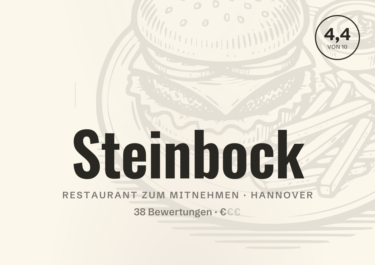 Illustriertes Poster von Steinbock, Restaurant zum Mitnehmen in Hannover: Bewertung 4,4 von 10 aus 38 Bewertungen, Preisniveau €