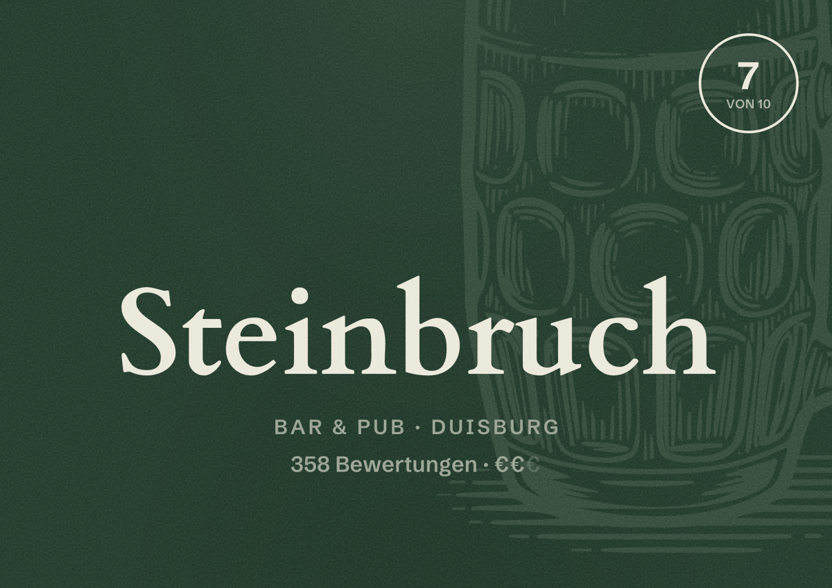 Illustriertes Poster von Steinbruch, Bar & Pub in Duisburg: Bewertung 7 von 10 aus 358 Bewertungen, Preisniveau €€
