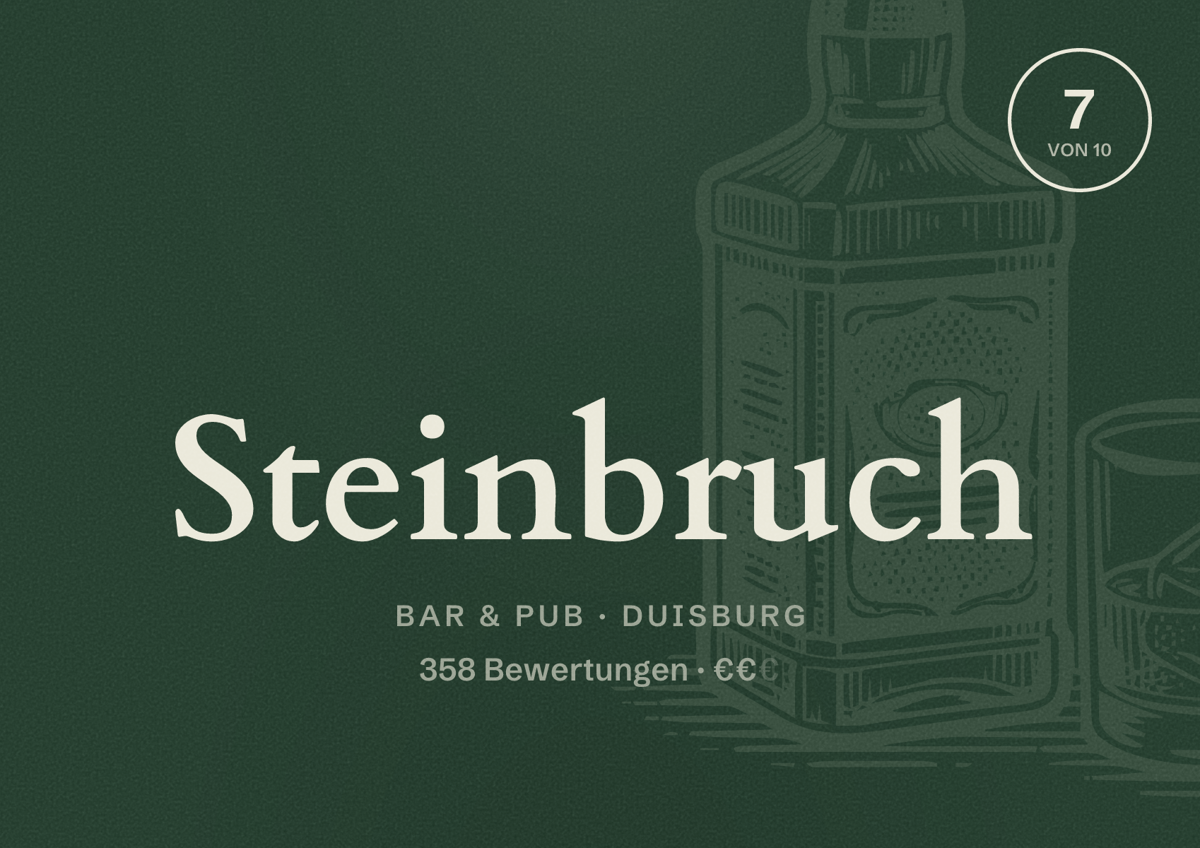 Illustriertes Poster von Steinbruch, Bar & Pub in Duisburg: Bewertung 7 von 10 aus 358 Bewertungen, Preisniveau €€