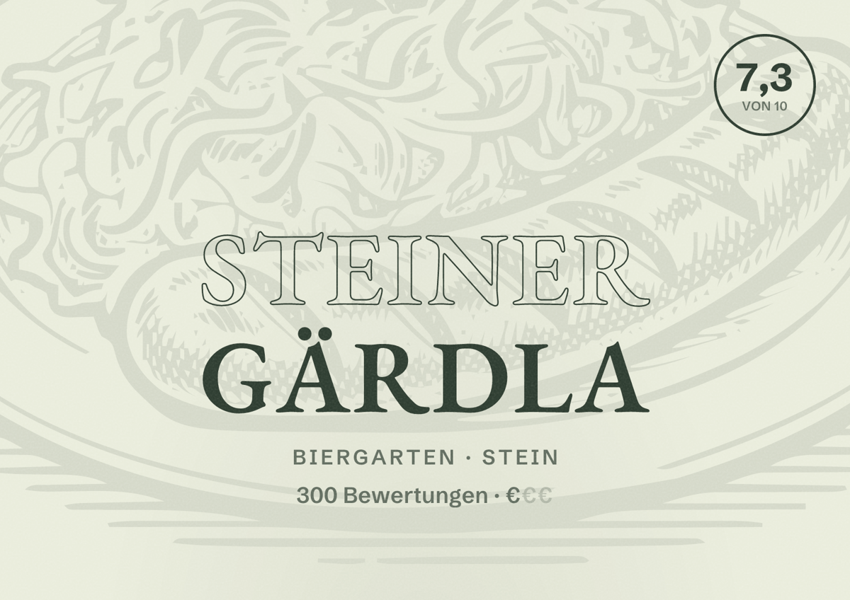 Illustriertes Poster von Steiner Gärdla, Biergarten in Stein: Bewertung 7,3 von 10 aus 300 Bewertungen, Preisniveau €