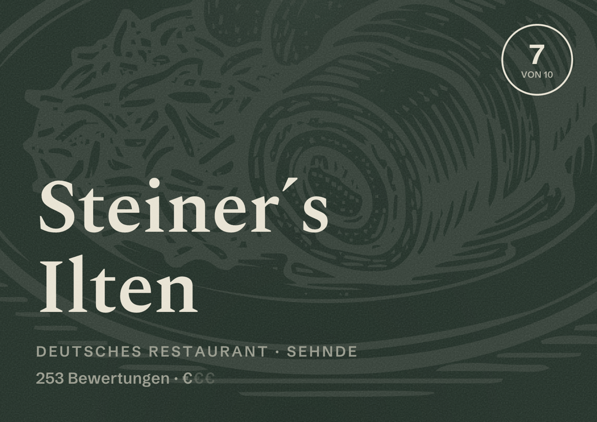 Illustriertes Poster von Steiner´s Ilten, Deutsches Restaurant in Sehnde: Bewertung 7 von 10 aus 253 Bewertungen, Preisniveau €