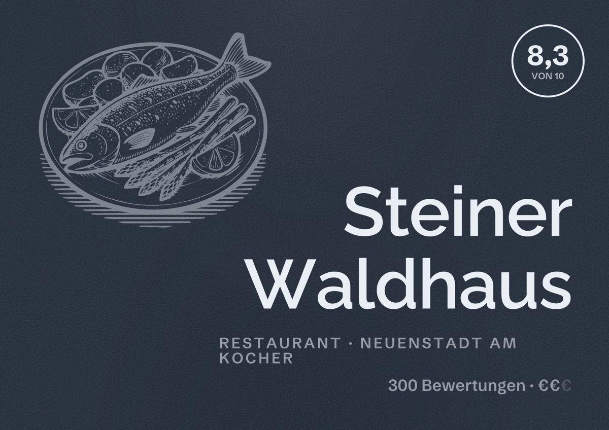 Illustriertes Poster von Steiner Waldhaus, Restaurant in Neuenstadt am Kocher: Bewertung 8,3 von 10 aus 300 Bewertungen, Preisniveau €€