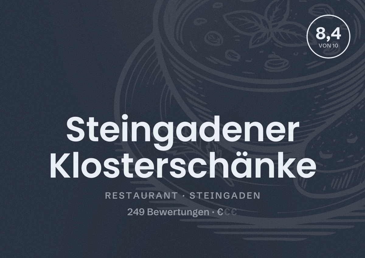 Illustriertes Poster von Steingadener Klosterschänke, Restaurant in Steingaden: Bewertung 8,4 von 10 aus 249 Bewertungen, Preisniveau €